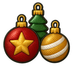 Embroidered Christmas Ornaments Clipart &ndash; Festive Embroidery Baubles, Red and Gold Holiday Balls, High-Resolution PNG