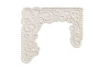 White decorative lace frame with ornamental swirls and beads