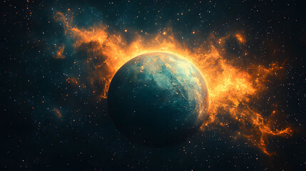 Cosmic Fusion A Celestial Sphere Embraced by Fiery Energy and Stellar Dust in Space