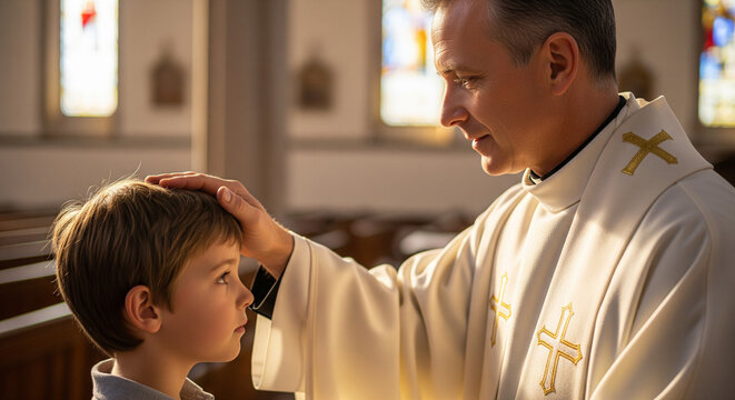 Christian Priest Blessing a Little Boy in Church. Touching Religious Scene of Faith, First Communion, and Spiritual Guidance