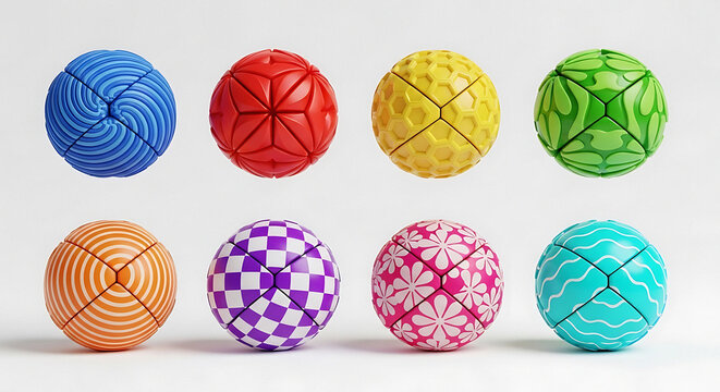 Vibrant collection of patterned spheres perfect for playful concepts, innovative designs and creative backgrounds, bright colors and whimsical patterns abound
