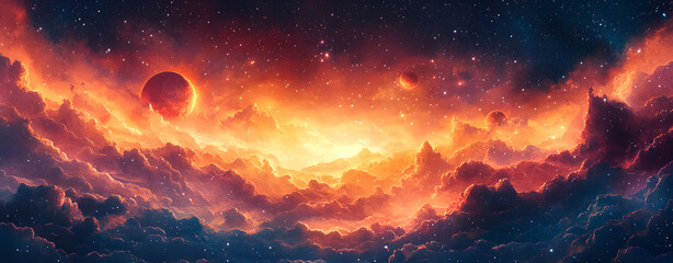 Celestial Fire An Epic Nebula in Space with Fiery Planets and Starry Skies at Dawn