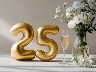 Golden “25” balloons with champagne and delicate white flowers, symbolizing milestone birthday decor and elegant event styling. Soft daylight and minimal cinematic tones