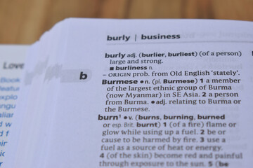 English Dictionary Page Close Up With The Word Meaning Of -burmese