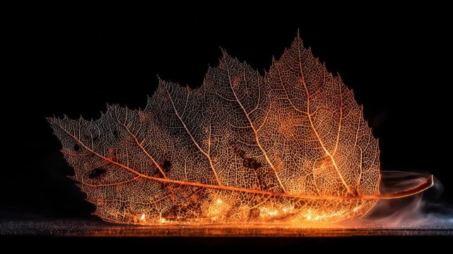 A close-up view of a dried leaf's delicate, skeletal structure glowing against a black background
