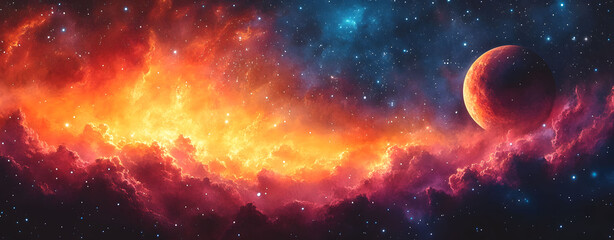 Vibrant Cosmic Tapestry A Stunning Watercolor Depiction of Nebulae and Celestial Bodies