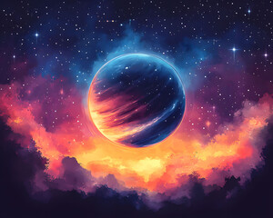 Celestial Planet's Ethereal Glow A Captivating Cosmic Artwork Amidst a Nebula of Colors
