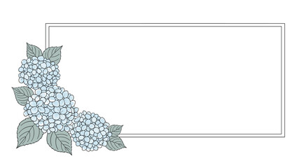 Frame decorated with blue hydrangeas and green leaves on a white background.
