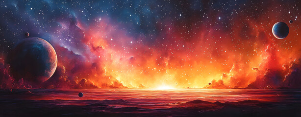 Cosmic Sunset A Panoramic View of Planets, Nebula, and Celestial Wonders in the Vast Universe