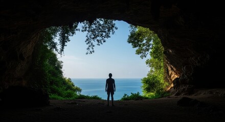 From the darkness of a natural rock cave, a solitary figure stands in silhouette, contemplating the tranquil expanse of the blue sea under a bright, clear daytime sky