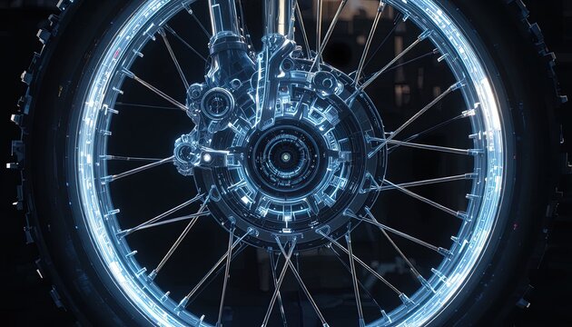 Futuristic glowing motorcycle wheel design, a cutting edge technology concept with a modern style, perfect for transportation industry and innovative automotive projects - Powered by Adobe