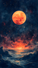 Vibrant Celestial Tapestry A Surreal Watercolor Scene of Moonlit Clouds and Cosmic Wonders