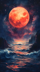 Dramatic Lunar Eclipse Over Ocean A Surreal Nightscape of Red Moon, Waves, and Clouds