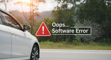 White car with a software error warning displayed indicating a potential issue with the vehicle's technology or onboard systems suggesting a need for diagnostics and repair services
