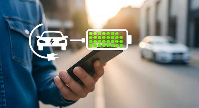 Man checks electric car charging status on his smartphone with a full battery icon displayed showcasing the convenience of ev technology and sustainable transportation in an urban setting