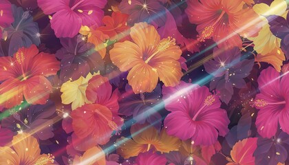 Vibrant Tropical Hibiscus Flowers in Various Shades of Pink Orange Yellow and Red with Diagonal Light Streaks and Glittering Sparkles on a Dark Background