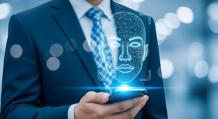 Businessman using facial recognition technology on a smartphone for security and identification purposes in a modern corporate setting showcasing innovation and biometric authentication