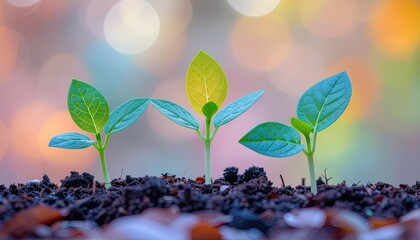 Three young green plants growing from dark soil with one leaf covered in golden glitter and a soft bokeh background