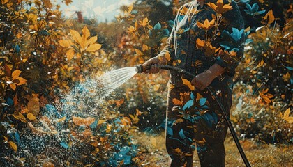 Person Watering Plants Amidst Autumn Foliage With Water Splashing And Sunlight Glinting Through Leaves