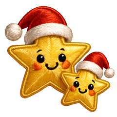 Embroidered Christmas Star Clipart Set &ndash; Cute Smiling Stars, Festive Holiday Embroidery Designs, Gold Red Xmas Stars, High-Resolution PNG