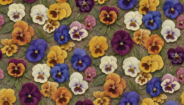 A Close-up Textured View of Assorted Colorful Pansies With Dark Centers Scattered Across a Brown and Green Textured Background