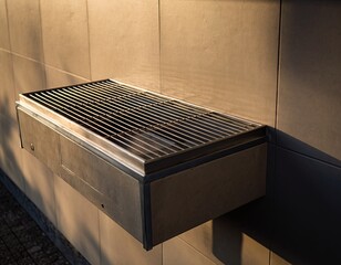 Outdoor Stainless Steel Built-in Grill Mounted on a Textured Gray Wall with Golden Sunlight Casting Shadows