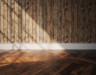 Sunlight Streaming Through Window Illuminating Rustic Wooden Wall and Parquet Floor With White Baseboard