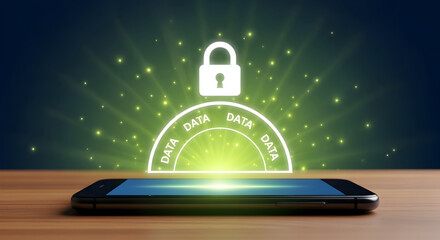 Data security concept with a glowing padlock and data labels above a smartphone on a wooden surface representing digital protection and secure mobile technology for personal information