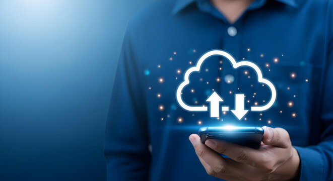Man holds smartphone displaying cloud computing icon with upload and download arrows symbolizing data transfer and storage in a modern digital network on a blue background showcasing technology - Powered by Adobe