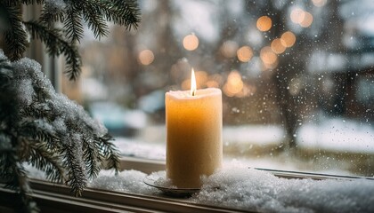 Lit wax pillar rests on a snowy windowsill beside frosted evergreen branches while snow falls outside the glass
