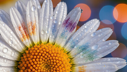 Close up of a white daisy with colorful petal accents and water droplets against a bokeh background