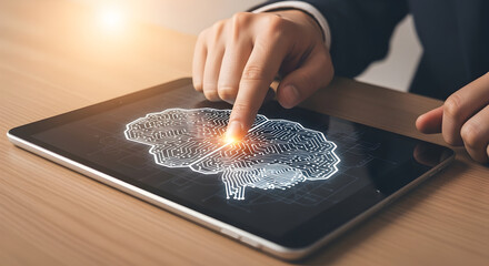 Person interacts with a digital tablet displaying a brain circuit design showcasing artificial intelligence and technology concepts on a modern device for innovation and learning purposes
