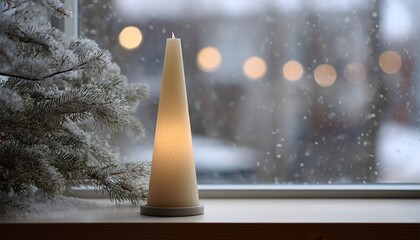 Illuminated conical candle rests on a windowsill beside frosted evergreen branches while snow falls outside
