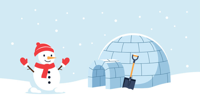 A friendly snowman with red accessories stands in the snow next to an igloo and a shovel.