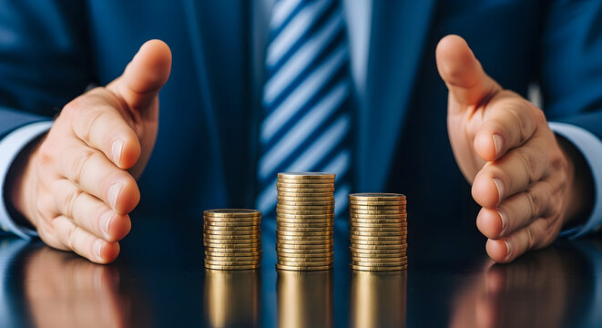 Businessman protects stacks of gold coins representing financial growth and investment security showcasing wealth management and savings strategies for longterm financial success