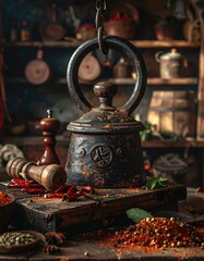 Close-Up Antique Weighing Scale with Chili Peppers and Spices in Rustic Kitchen Setting
