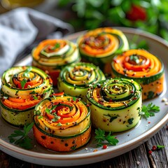 Spiral Vegetable Appetizers on Plate Close Up Food Photography with Wooden Background and Selective Focus