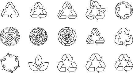 Set of Recycling and Ecology Line Icons Vector, Featuring Sustainable Arrows, Leaves, and Environment-Friendly Symbols for Nature Conservation