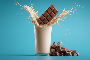 A whole chocolate bar falls into a glass of delicious milk creating an exciting splash with many drops flying through the air next to broken chocolate pieces on a vibrant blue background