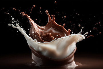 Energetic splash of creamy milk and rich chocolate liquid in motion against a dark background with flying droplets