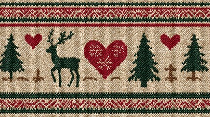 seamless christmas knit pattern reindeer trees hearts and snowflakes in red green beige sweater style  vector background texture for holiday designs 2026