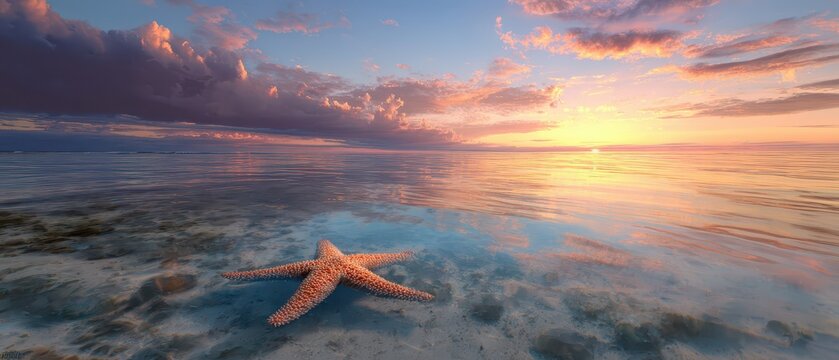 Beautiful sunrise over calm water with starfish