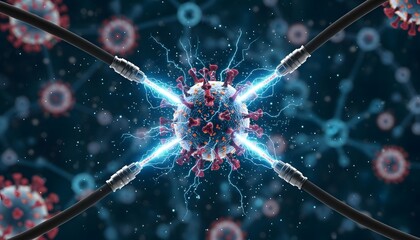 Biotechnology scene showing biohack with glowing hoses emitting electric blue light against a virus