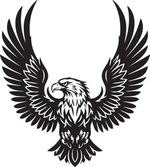 Obraz premium A majestic bald eagle with wings spread wide, a powerful black and white vector illustration symbolizing freedom and strength
