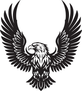 A majestic bald eagle with wings spread wide, a powerful black and white vector illustration symbolizing freedom and strength