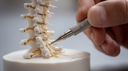 Detailed Examination of Spinal Anatomy with a Focus on Nerves and Vertebrae Using Precision Tool in a Clinical or Educational Setting
