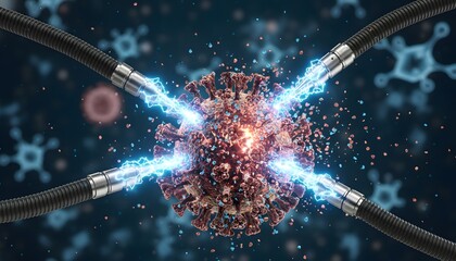 Biotechnology concept features electric blue glowing hoses interacting with a large virus model