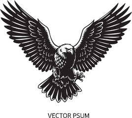 Fototapeta premium Fierce flying eagle with spread wings in a powerful attacking pose. A monochrome vector illustration perfect for a mascot, emblem, or symbol of strength