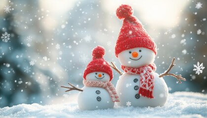 Obraz premium Two charming snow figures wearing knitted winter hats and scarves stand in falling snow outdoors