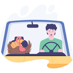 Man Driving Car With Turkey In Nest On Dashboard A Thanksgiving Holiday Illustration